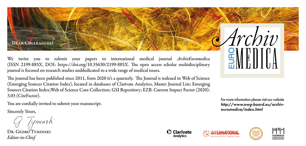 Dear Colleagues!

We invite you to submit your papers to international medical journal “Archiv Euromedica” (ISSN 2199-885X, DOI: https://doi.org/10.35630/2199-885X. 

The open access scholar multidisciplinary journal is focused on research studies and dedicated to a wide range of medical issues. This offer is free of charge.

The journal has been published since 2011, from 2020 it’s a quarterly. 

The Journal is indexed in Web of Science (Emerging Sources Citation Index), located in databases of Clarivate Analytics, Master Journal List; Emerging Sources Citation Index; Web of Science Core Collection; GSI Repository; EZB. 

Current Impact Factor (2020): 3.03 (CiteFactor) 

This offer for a manuscript up to 10 pages is free of charge.

For more information please visit our website http://www.ewg-board.eu/archiv-euromedica/index.html